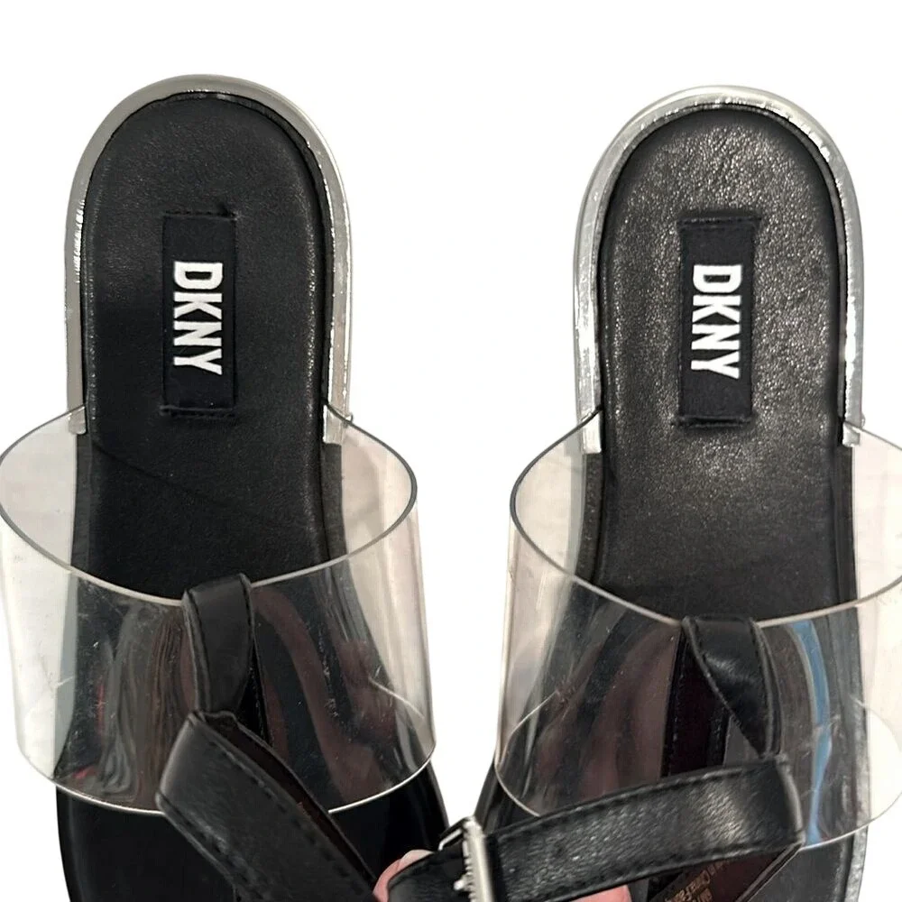 DKNY Ava Ankle T-Strap Thong Sandals Women's 6 Black Clear Minimalist Modern‎